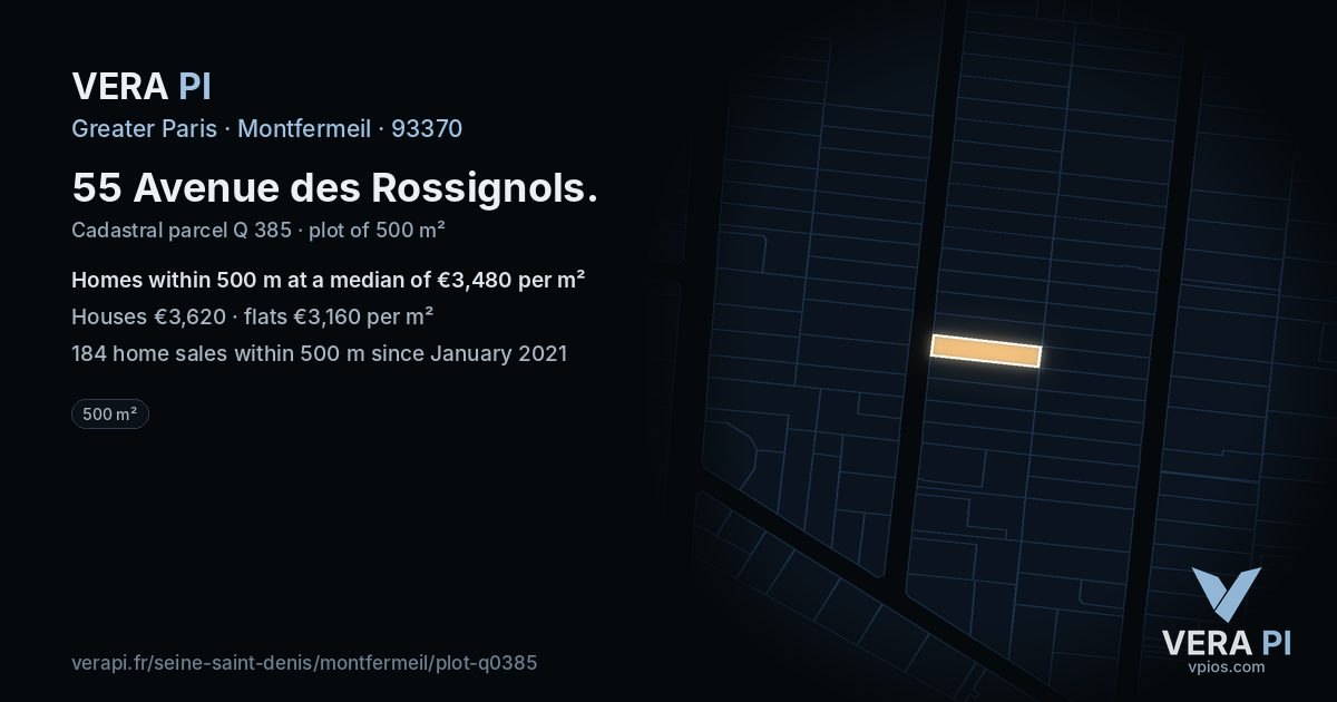 55 Avenue des Rossignols, Montfermeil at night – the plot lit, the parcels around coloured by the prices near them