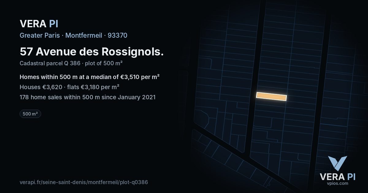 57 Avenue des Rossignols, Montfermeil at night – the plot lit, the parcels around coloured by the prices near them