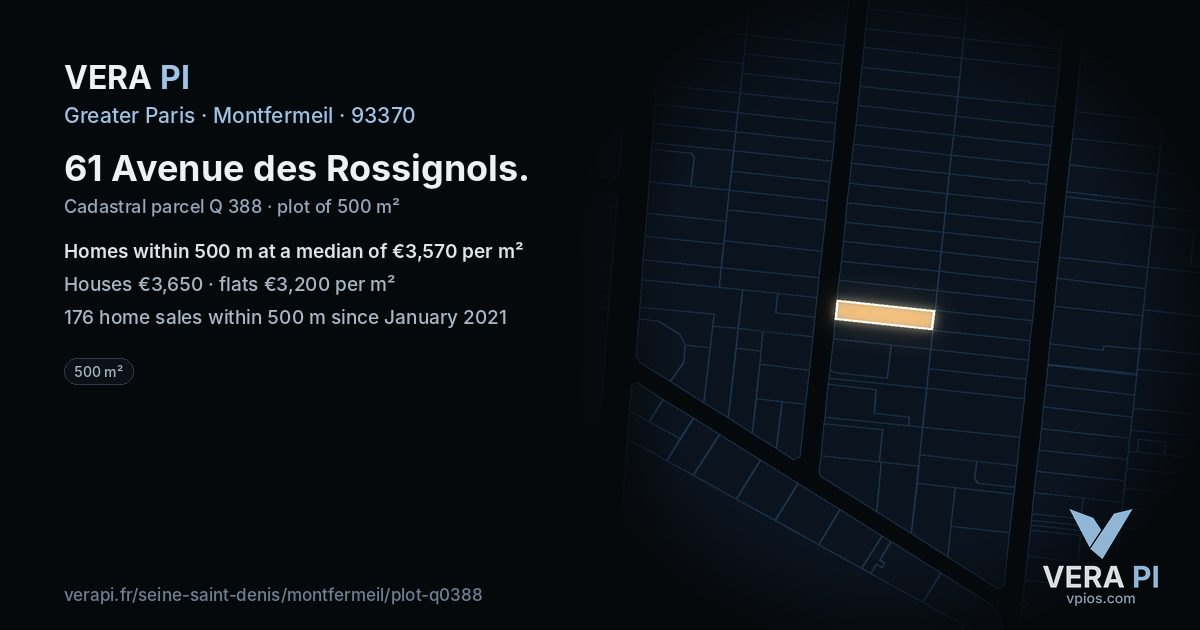 61 Avenue des Rossignols, Montfermeil at night – the plot lit, the parcels around coloured by the prices near them