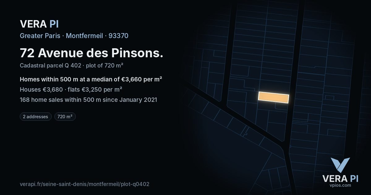 72 Avenue des Pinsons, Montfermeil at night – the plot lit, the parcels around coloured by the prices near them