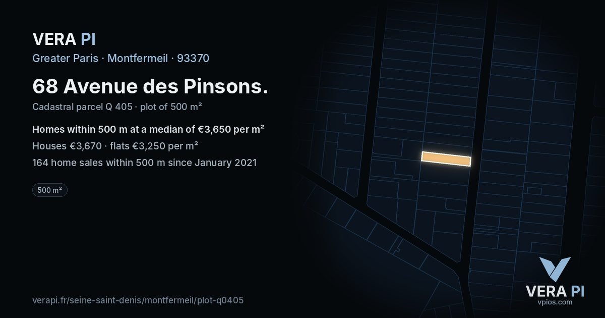 68 Avenue des Pinsons, Montfermeil at night – the plot lit, the parcels around coloured by the prices near them