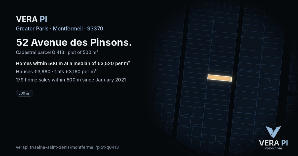 52 Avenue des Pinsons, Montfermeil at night – the plot lit, the parcels around coloured by the prices near them