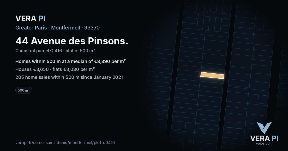 44 Avenue des Pinsons, Montfermeil at night – the plot lit, the parcels around coloured by the prices near them