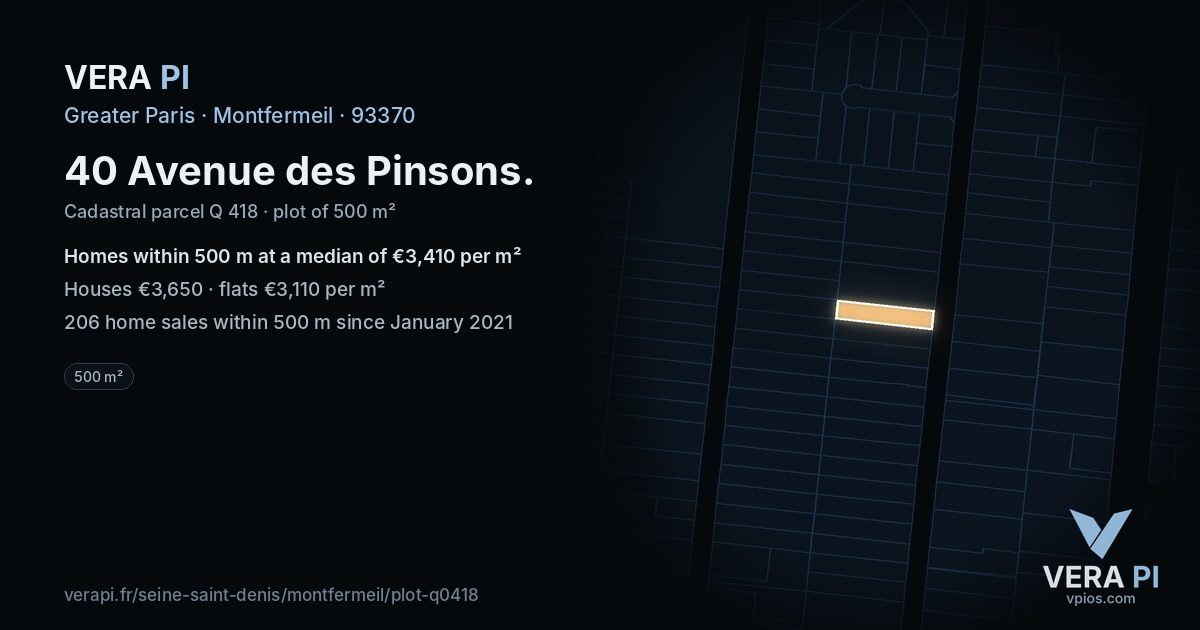 40 Avenue des Pinsons, Montfermeil at night – the plot lit, the parcels around coloured by the prices near them