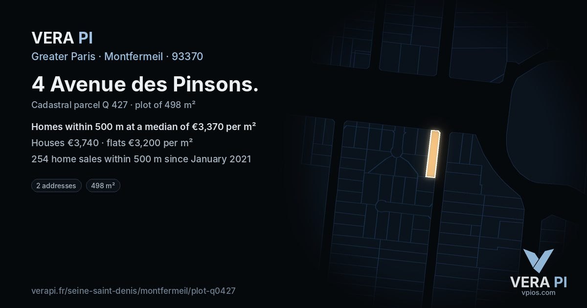 4 Avenue des Pinsons, Montfermeil at night – the plot lit, the parcels around coloured by the prices near them