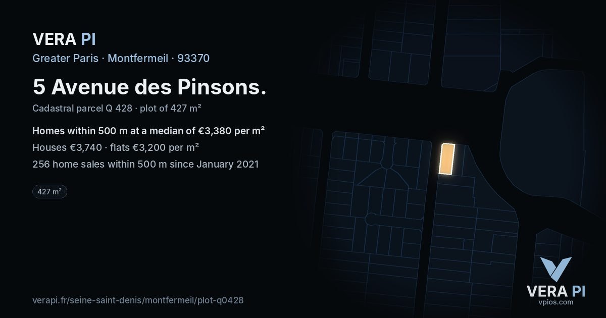 5 Avenue des Pinsons, Montfermeil at night – the plot lit, the parcels around coloured by the prices near them