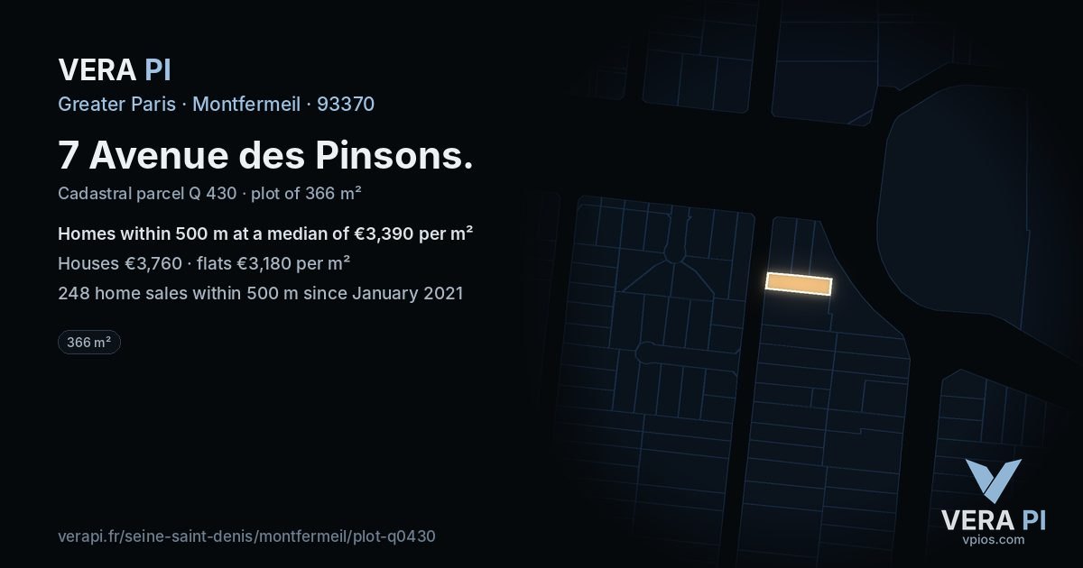 7 Avenue des Pinsons, Montfermeil at night – the plot lit, the parcels around coloured by the prices near them