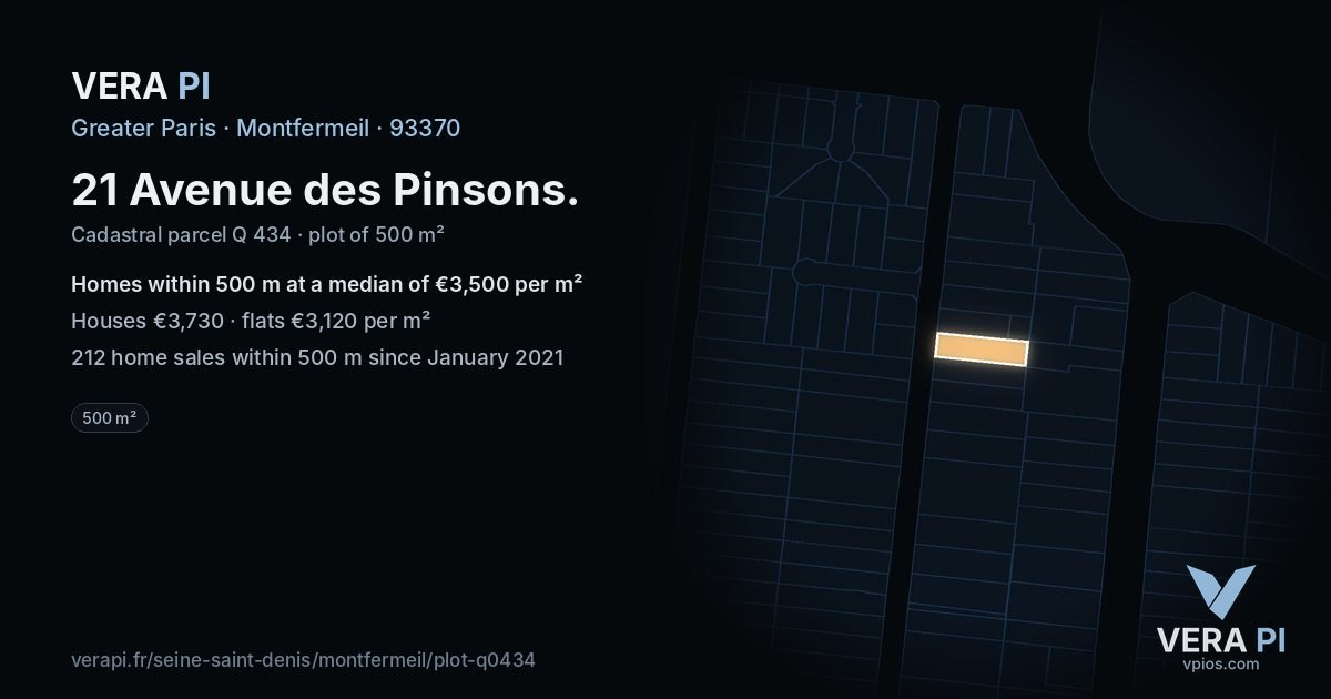 21 Avenue des Pinsons, Montfermeil at night – the plot lit, the parcels around coloured by the prices near them