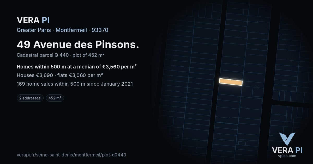 49 Avenue des Pinsons, Montfermeil at night – the plot lit, the parcels around coloured by the prices near them