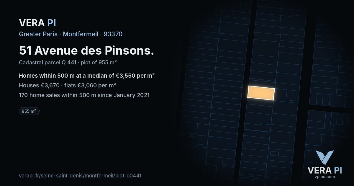 51 Avenue des Pinsons, Montfermeil at night – the plot lit, the parcels around coloured by the prices near them