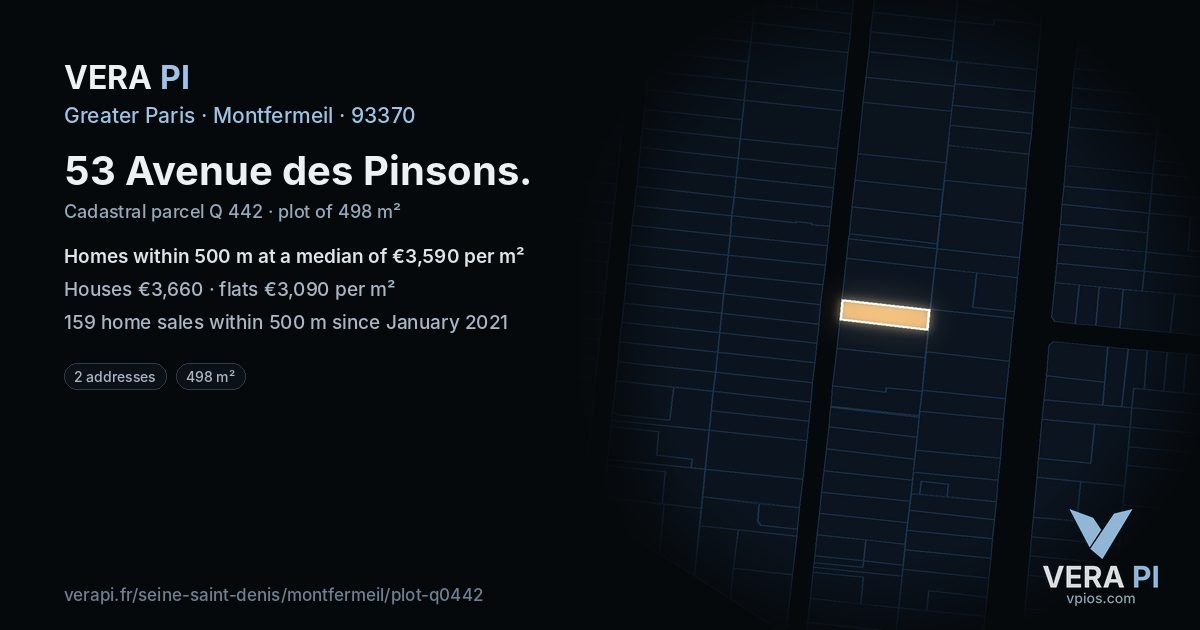 53 Avenue des Pinsons, Montfermeil at night – the plot lit, the parcels around coloured by the prices near them