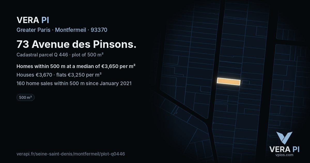73 Avenue des Pinsons, Montfermeil at night – the plot lit, the parcels around coloured by the prices near them