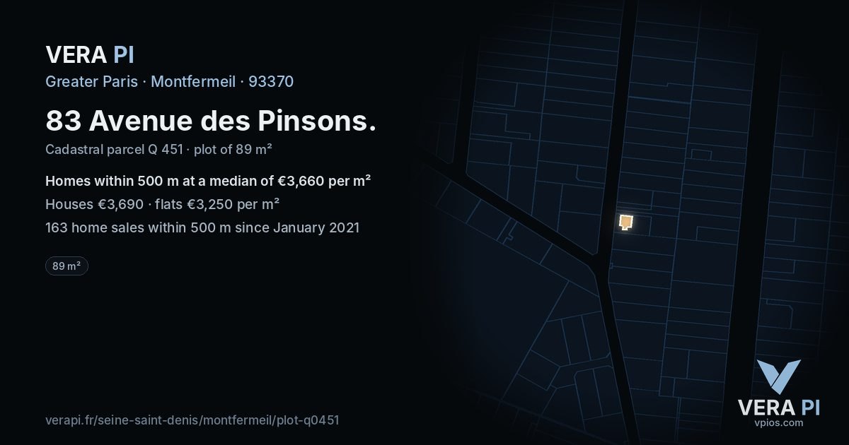83 Avenue des Pinsons, Montfermeil at night – the plot lit, the parcels around coloured by the prices near them