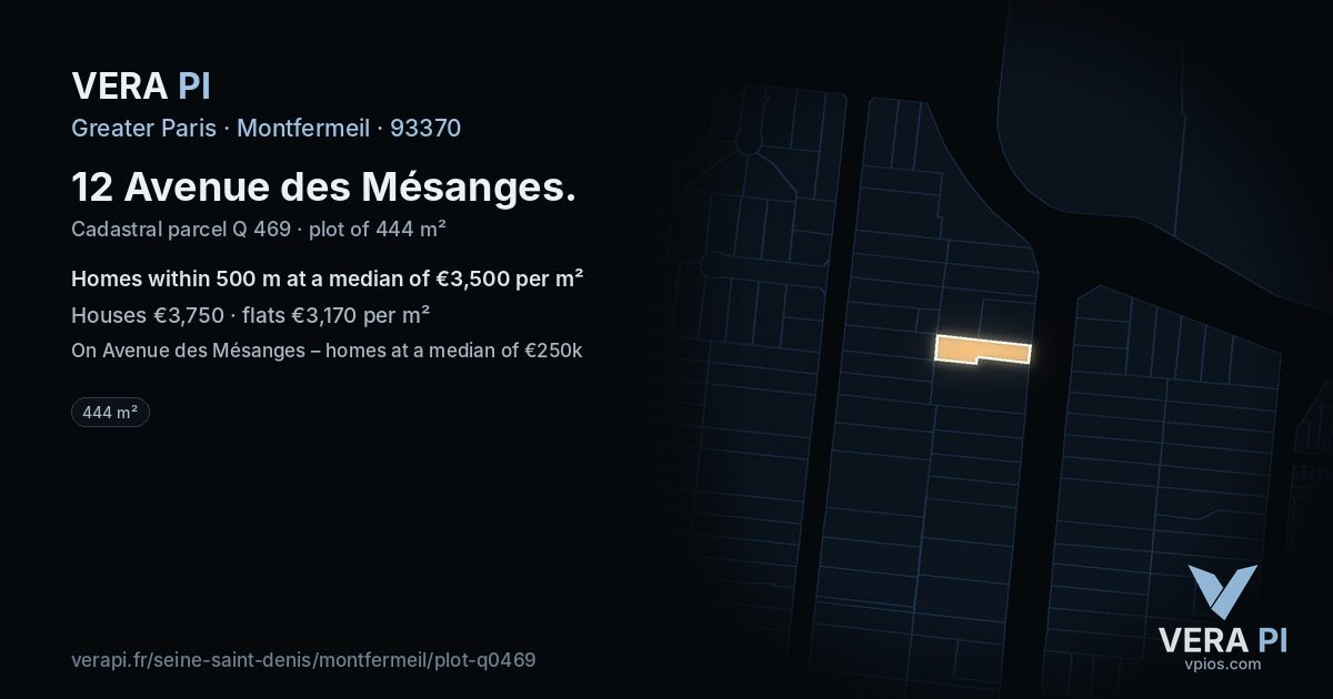 12 Avenue des Mésanges, Montfermeil at night – the plot lit, the parcels around coloured by the prices near them