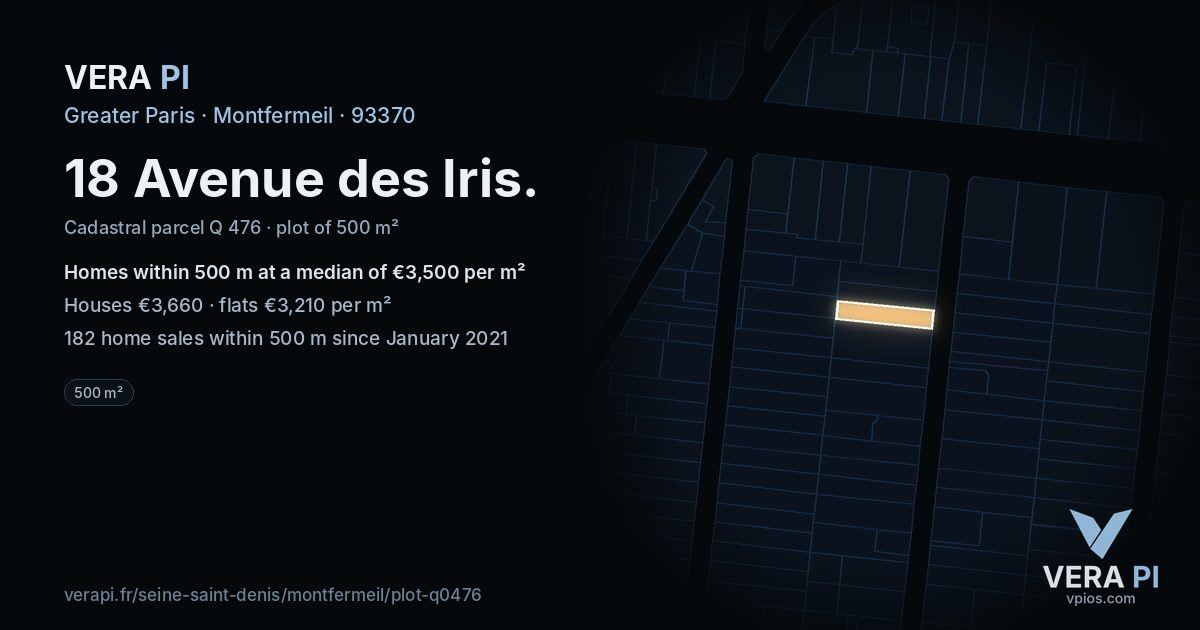18 Avenue des Iris, Montfermeil at night – the plot lit, the parcels around coloured by the prices near them