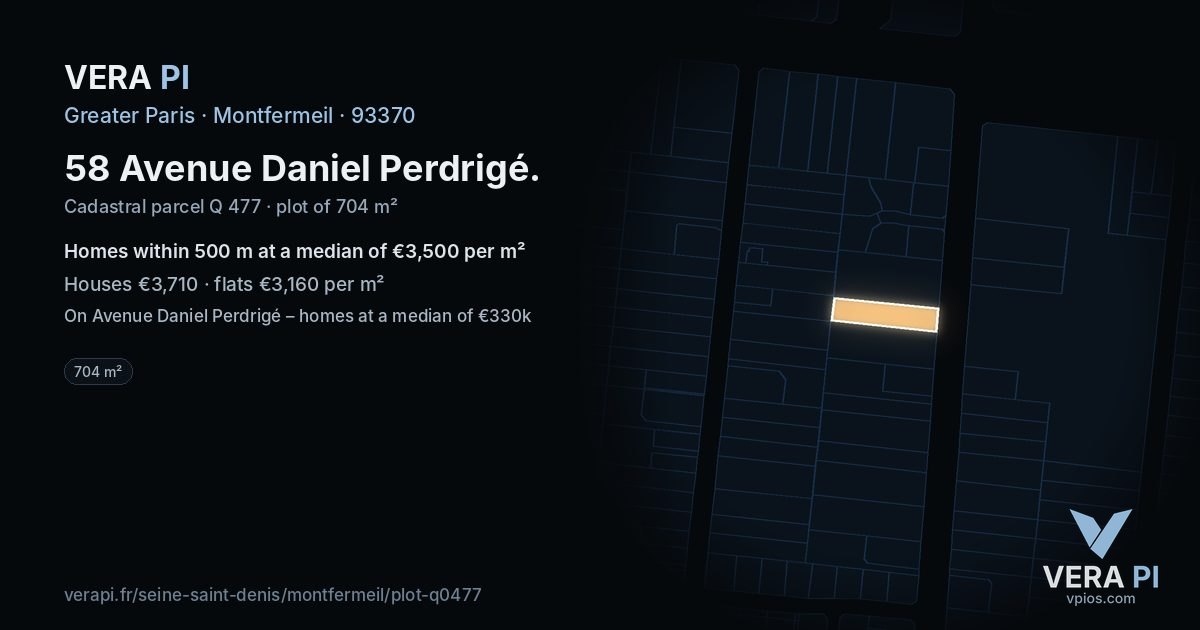 58 Avenue Daniel Perdrigé, Montfermeil at night – the plot lit, the parcels around coloured by the prices near them