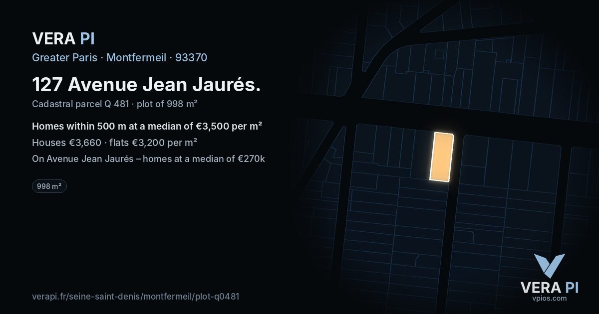 127 Avenue Jean Jaurés, Montfermeil at night – the plot lit, the parcels around coloured by the prices near them