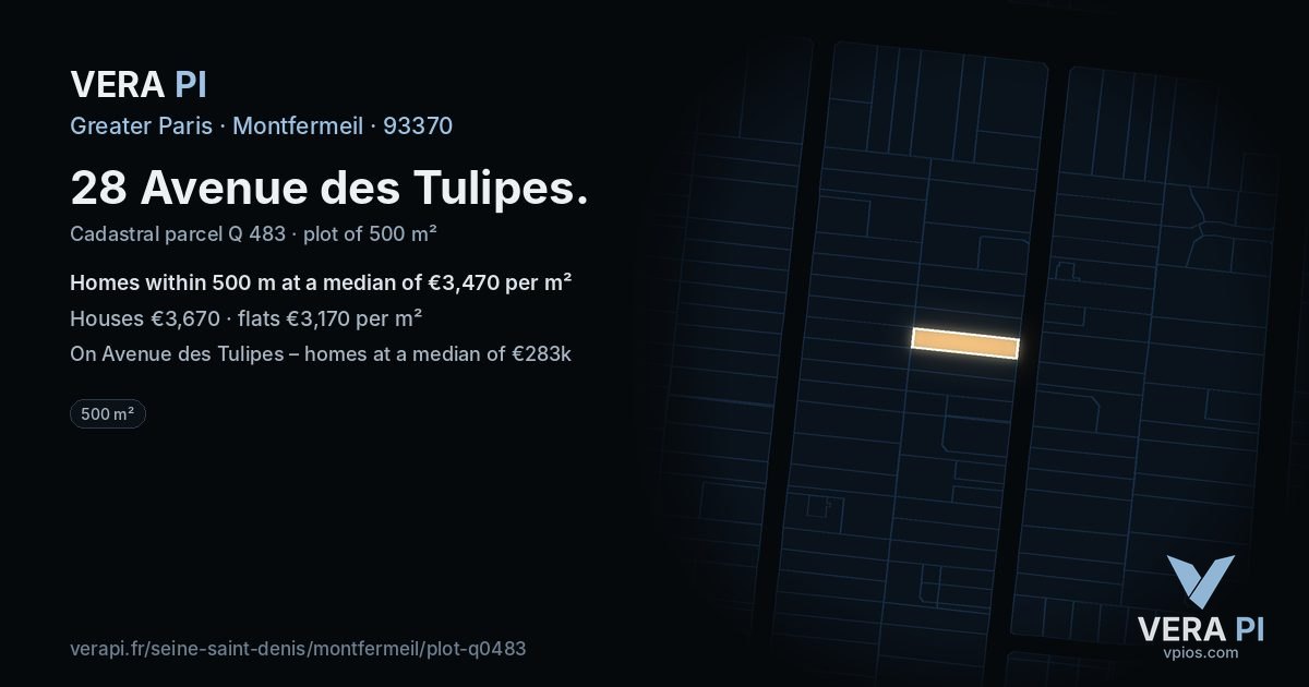 28 Avenue des Tulipes, Montfermeil at night – the plot lit, the parcels around coloured by the prices near them