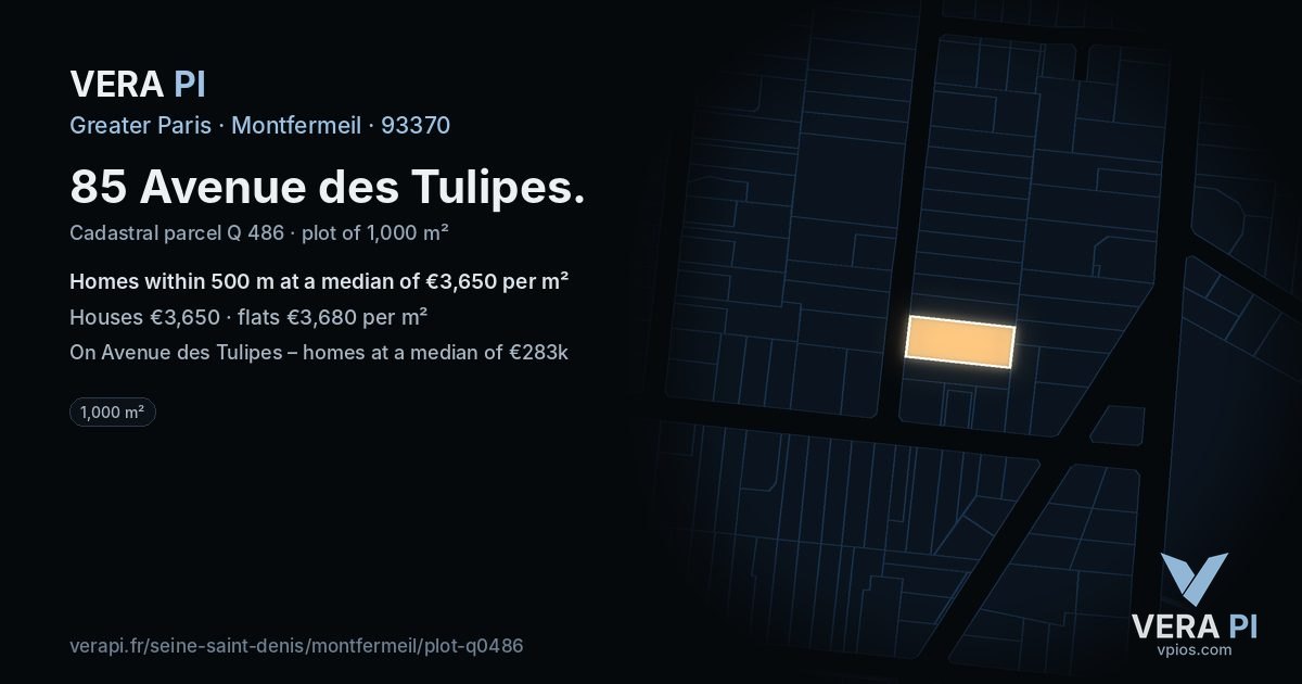 85 Avenue des Tulipes, Montfermeil at night – the plot lit, the parcels around coloured by the prices near them