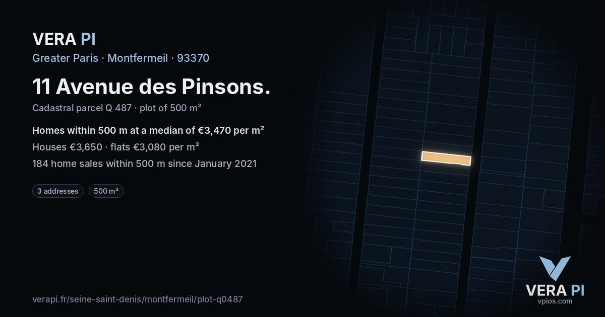 11 Avenue des Pinsons, Montfermeil at night – the plot lit, the parcels around coloured by the prices near them