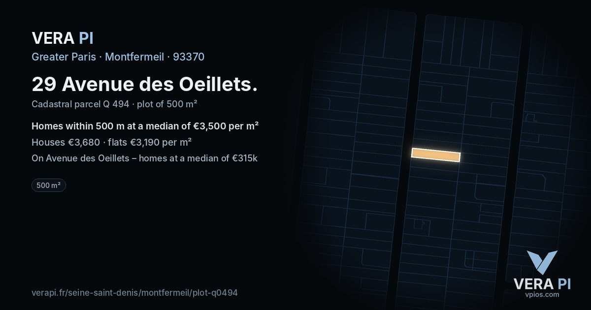 29 Avenue des Oeillets, Montfermeil at night – the plot lit, the parcels around coloured by the prices near them