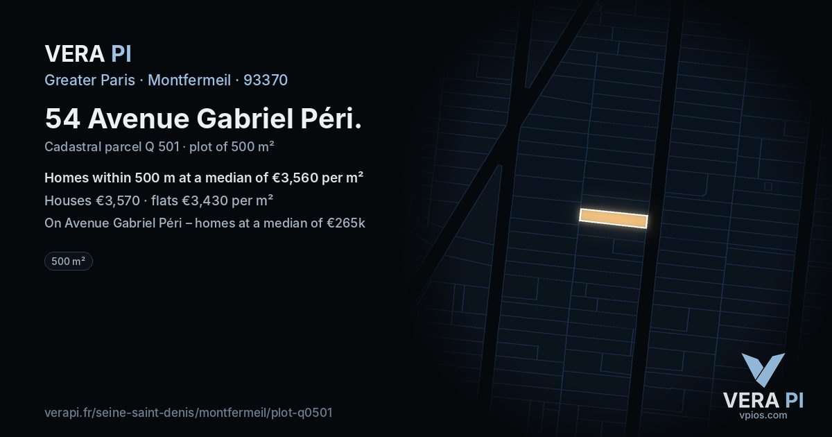 54 Avenue Gabriel Péri, Montfermeil at night – the plot lit, the parcels around coloured by the prices near them