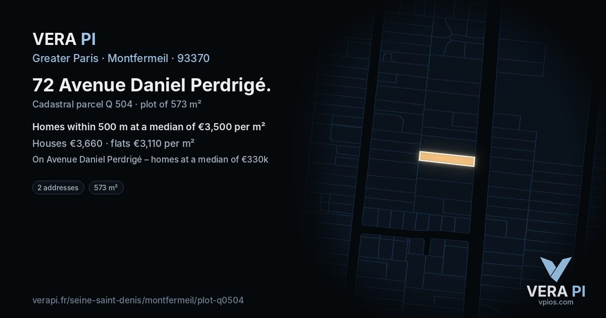 72 Avenue Daniel Perdrigé, Montfermeil at night – the plot lit, the parcels around coloured by the prices near them