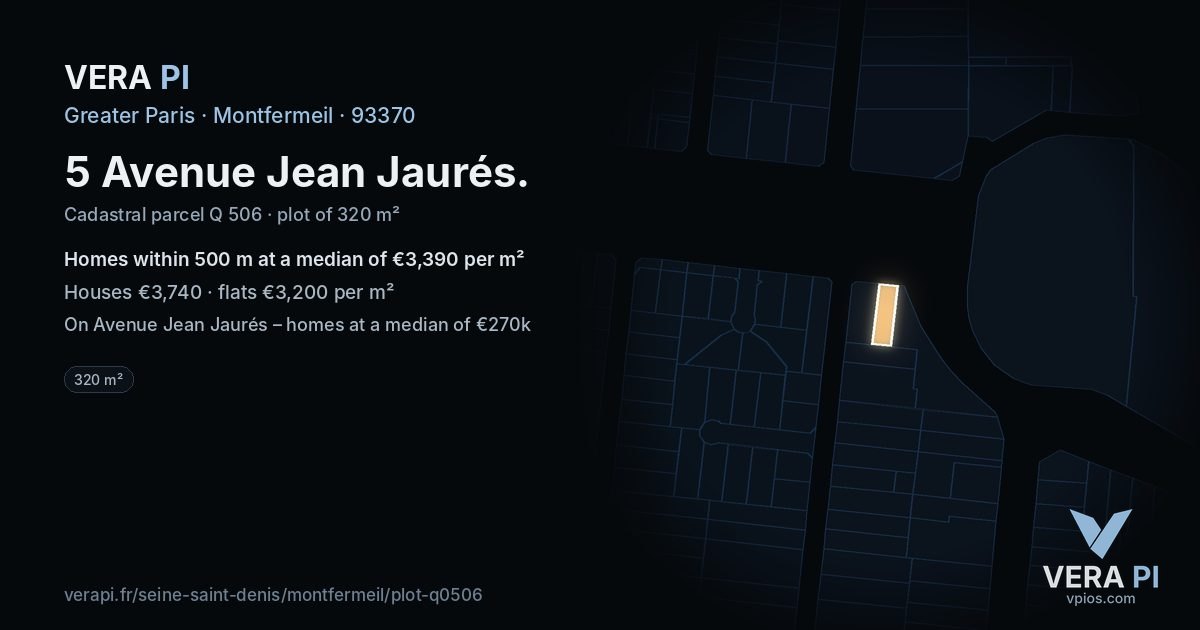 5 Avenue Jean Jaurés, Montfermeil at night – the plot lit, the parcels around coloured by the prices near them
