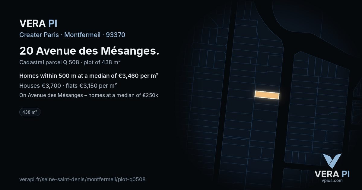 20 Avenue des Mésanges, Montfermeil at night – the plot lit, the parcels around coloured by the prices near them