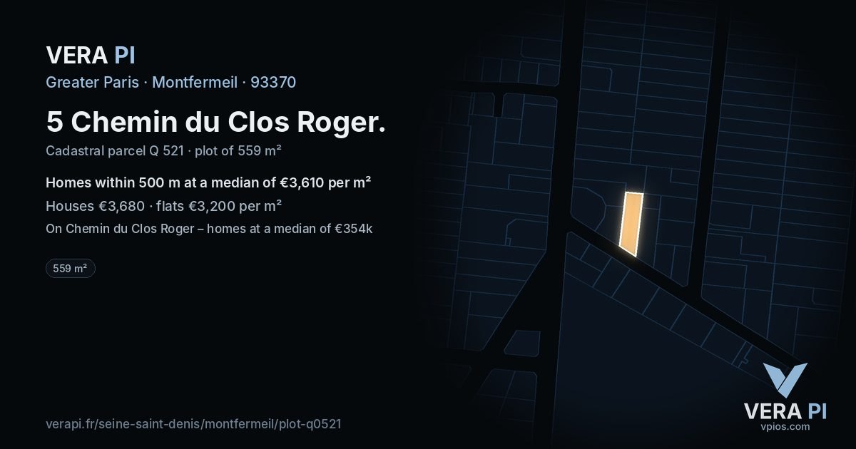 5 Chemin du Clos Roger, Montfermeil at night – the plot lit, the parcels around coloured by the prices near them