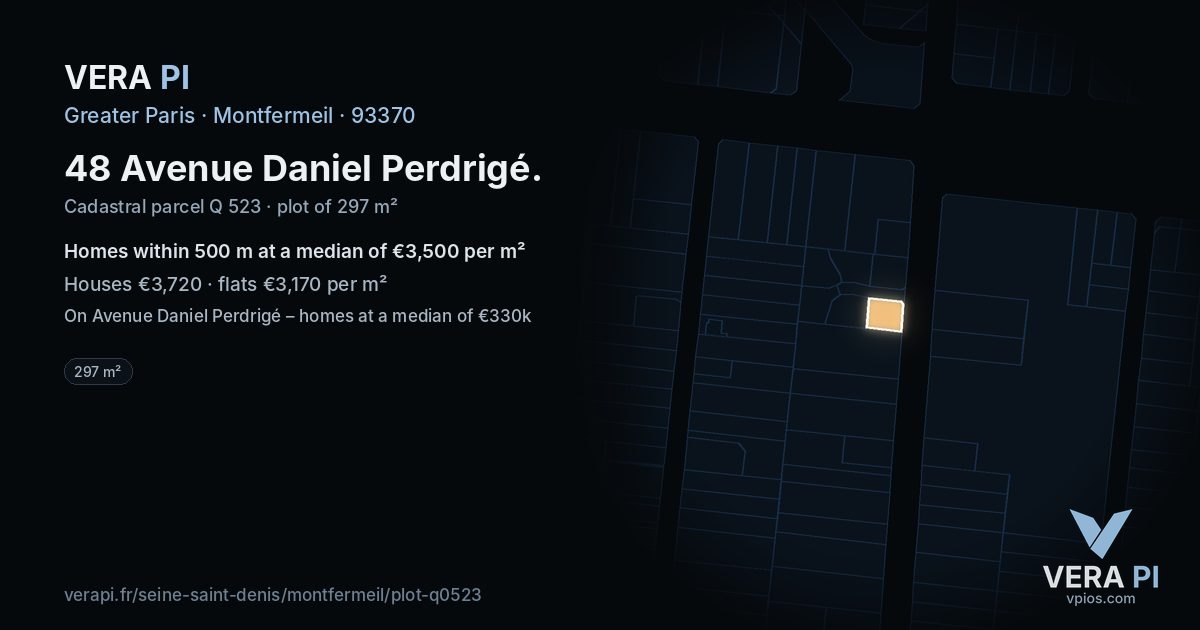 48 Avenue Daniel Perdrigé, Montfermeil at night – the plot lit, the parcels around coloured by the prices near them