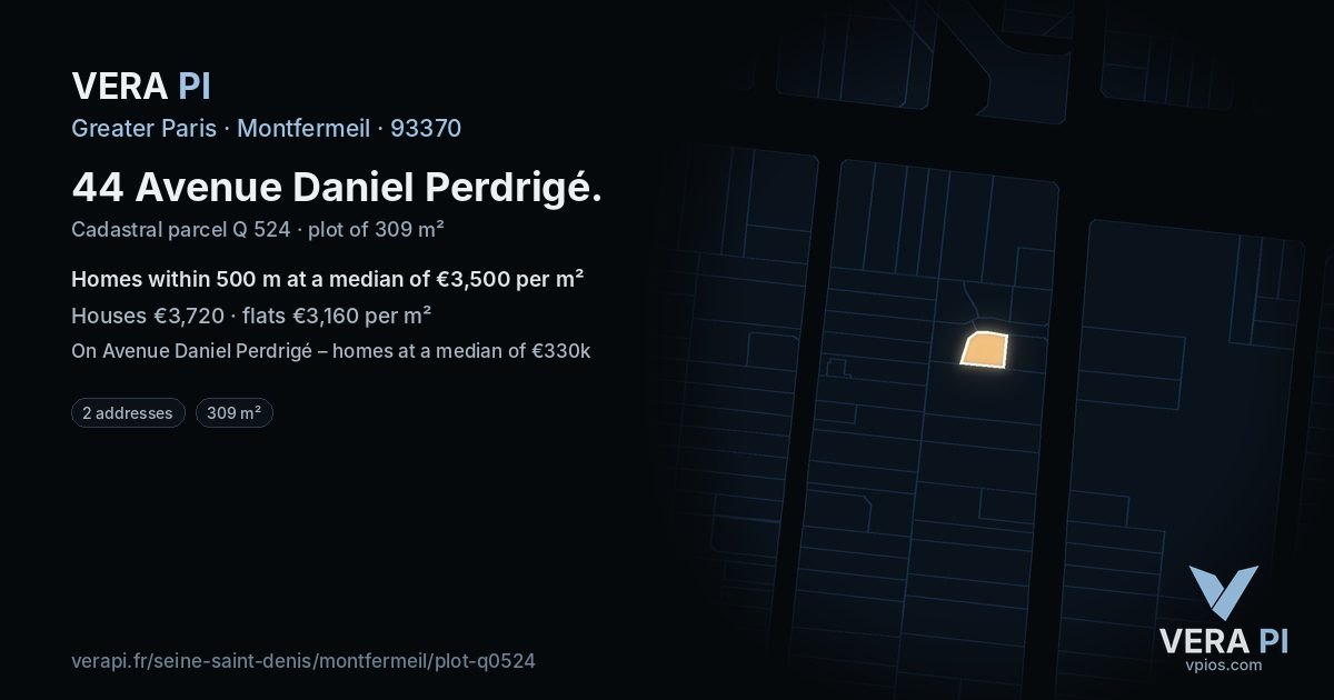 44 Avenue Daniel Perdrigé, Montfermeil at night – the plot lit, the parcels around coloured by the prices near them