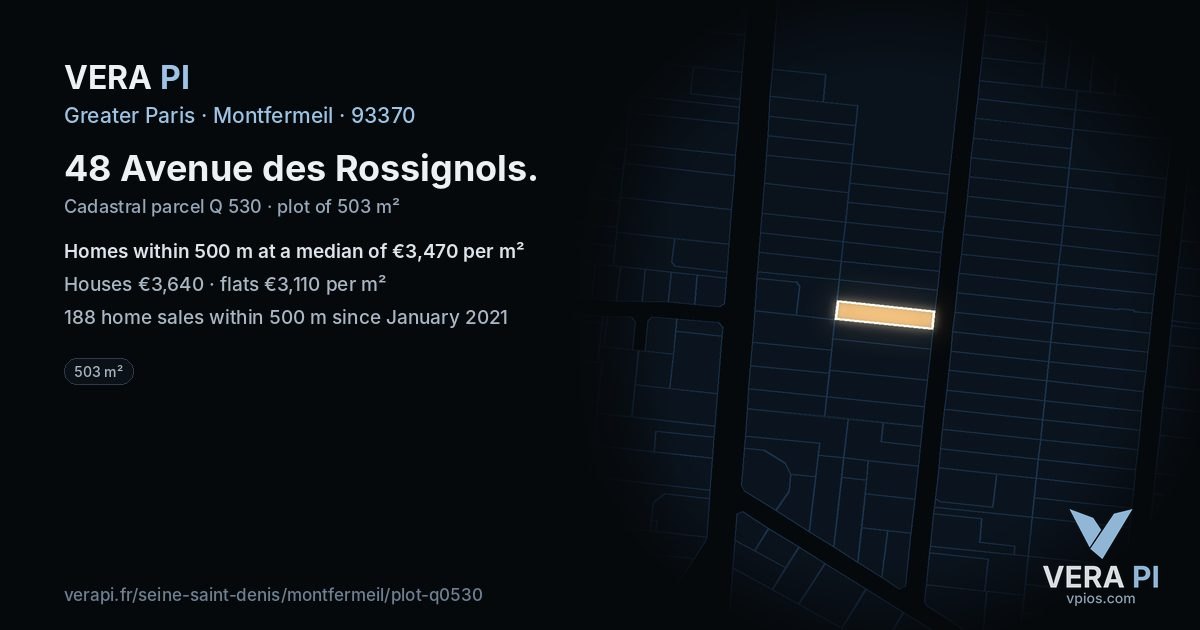 48 Avenue des Rossignols, Montfermeil at night – the plot lit, the parcels around coloured by the prices near them