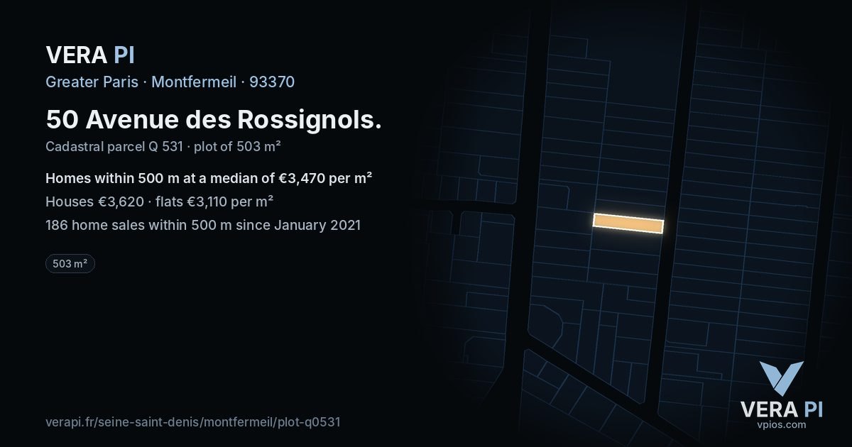 50 Avenue des Rossignols, Montfermeil at night – the plot lit, the parcels around coloured by the prices near them