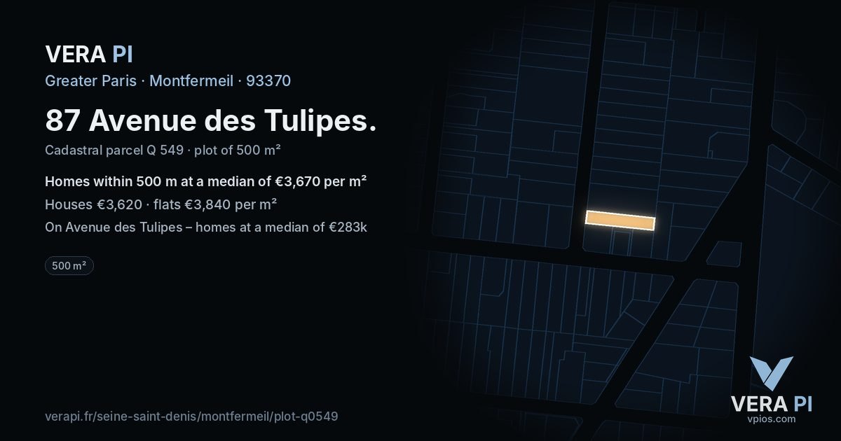 87 Avenue des Tulipes, Montfermeil at night – the plot lit, the parcels around coloured by the prices near them