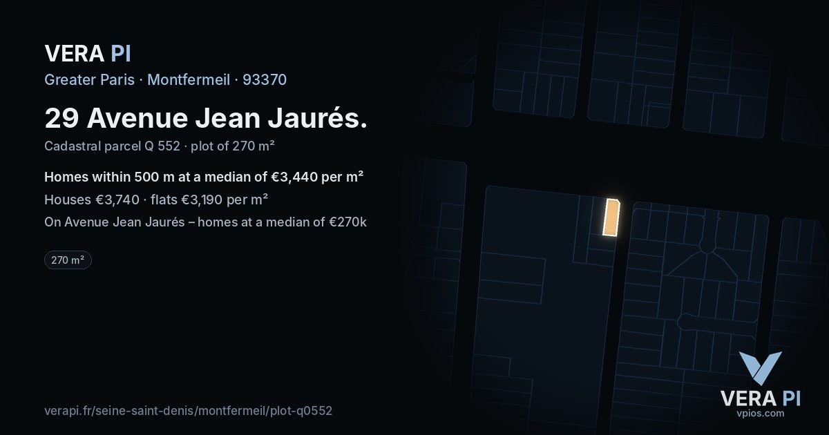 29 Avenue Jean Jaurés, Montfermeil at night – the plot lit, the parcels around coloured by the prices near them