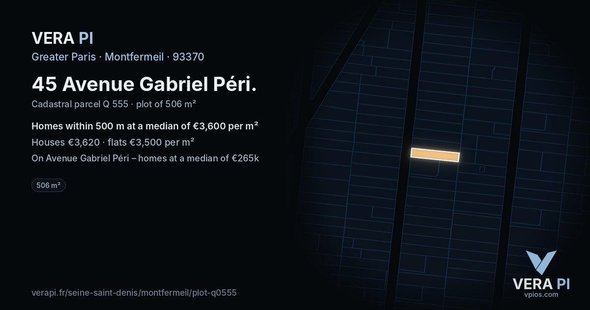 45 Avenue Gabriel Péri, Montfermeil at night – the plot lit, the parcels around coloured by the prices near them