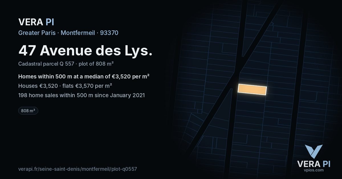 47 Avenue des Lys, Montfermeil at night – the plot lit, the parcels around coloured by the prices near them