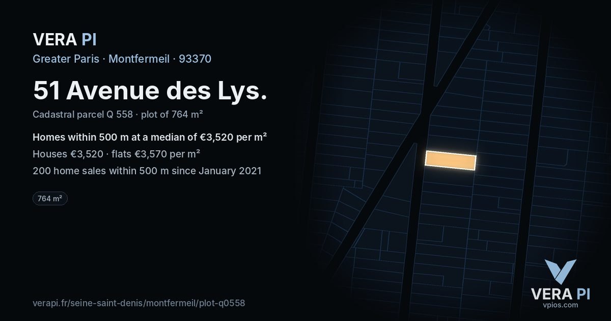 51 Avenue des Lys, Montfermeil at night – the plot lit, the parcels around coloured by the prices near them