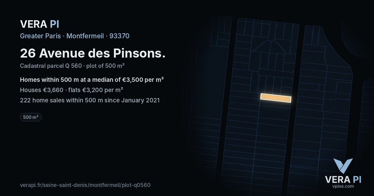 26 Avenue des Pinsons, Montfermeil at night – the plot lit, the parcels around coloured by the prices near them