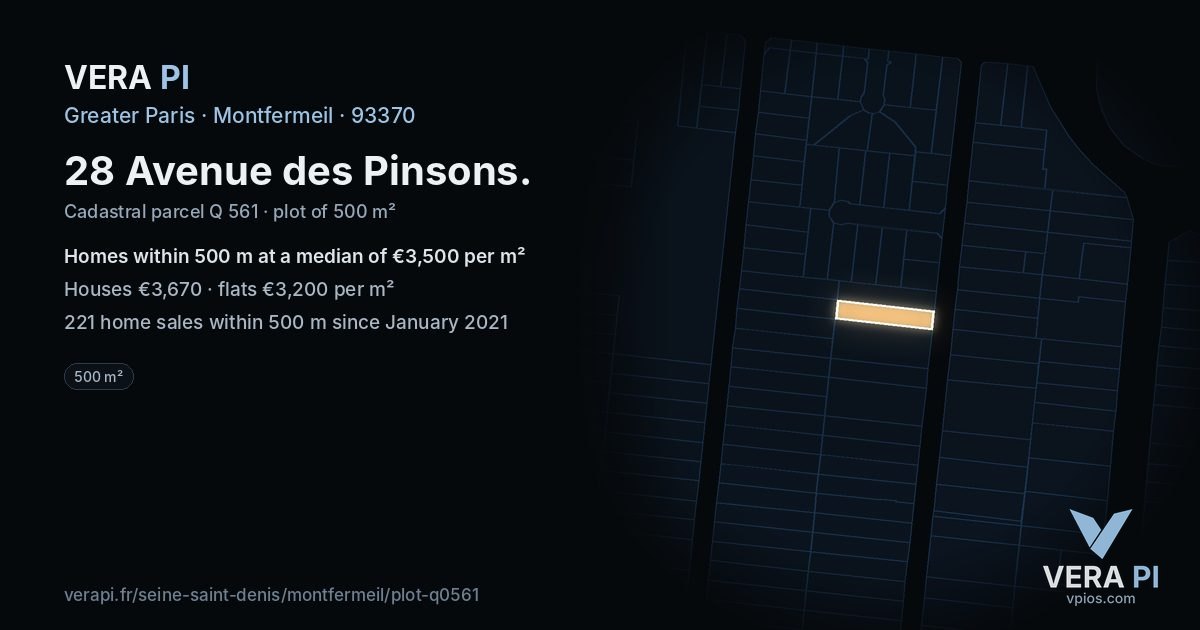 28 Avenue des Pinsons, Montfermeil at night – the plot lit, the parcels around coloured by the prices near them