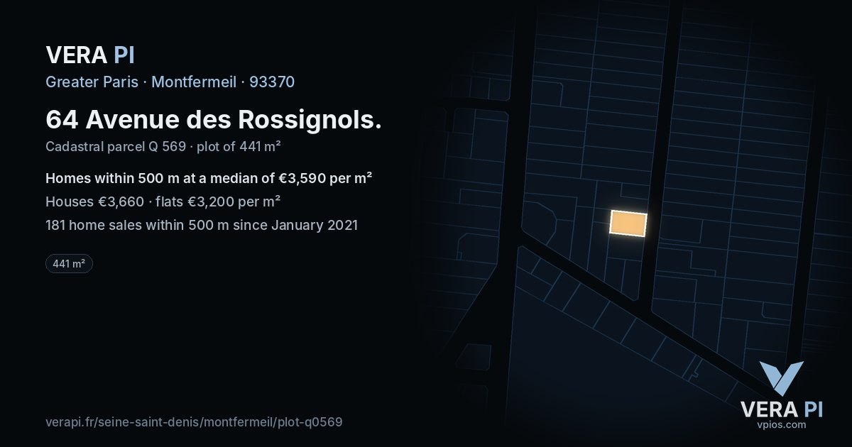 64 Avenue des Rossignols, Montfermeil at night – the plot lit, the parcels around coloured by the prices near them