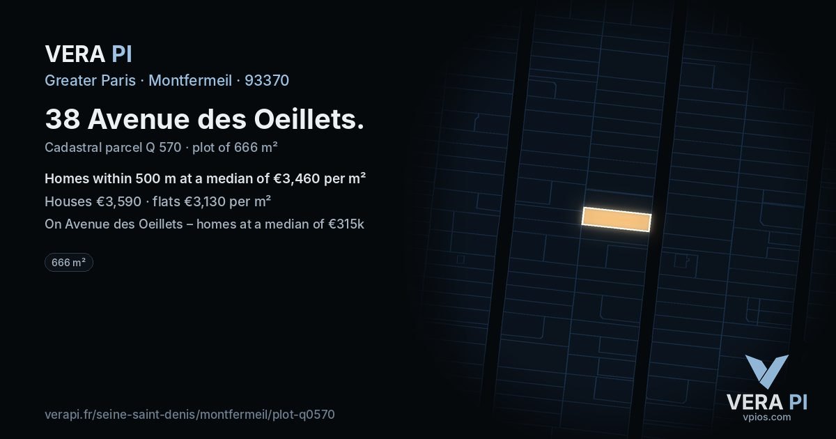 38 Avenue des Oeillets, Montfermeil at night – the plot lit, the parcels around coloured by the prices near them
