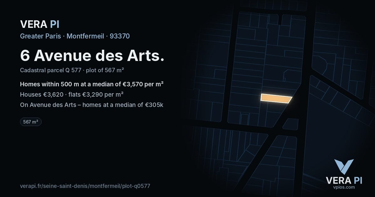 6 Avenue des Arts, Montfermeil at night – the plot lit, the parcels around coloured by the prices near them