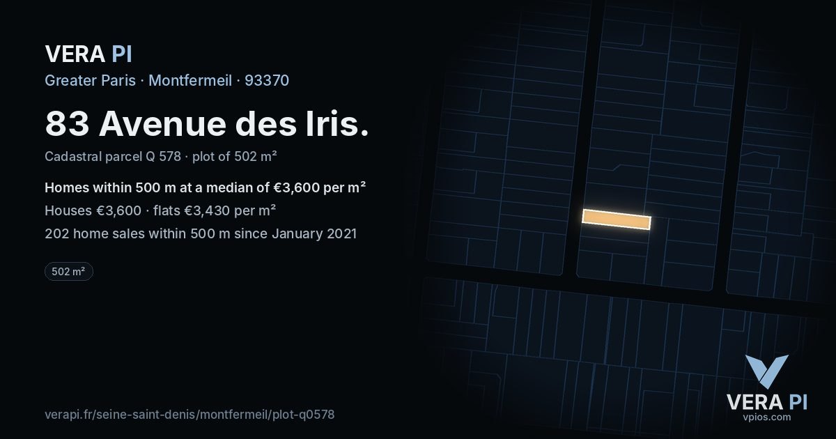 83 Avenue des Iris, Montfermeil at night – the plot lit, the parcels around coloured by the prices near them