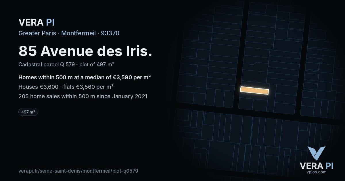 85 Avenue des Iris, Montfermeil at night – the plot lit, the parcels around coloured by the prices near them