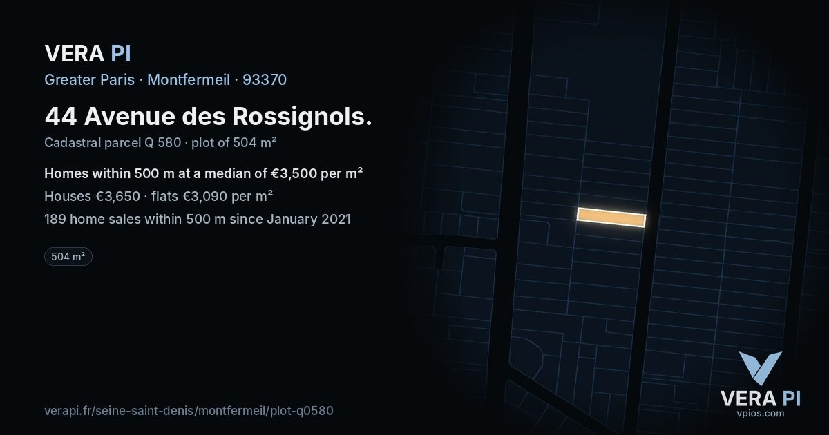 44 Avenue des Rossignols, Montfermeil at night – the plot lit, the parcels around coloured by the prices near them