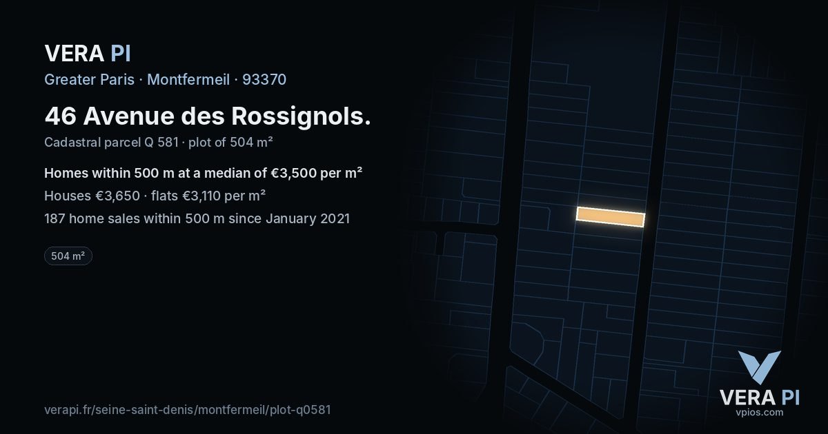 46 Avenue des Rossignols, Montfermeil at night – the plot lit, the parcels around coloured by the prices near them