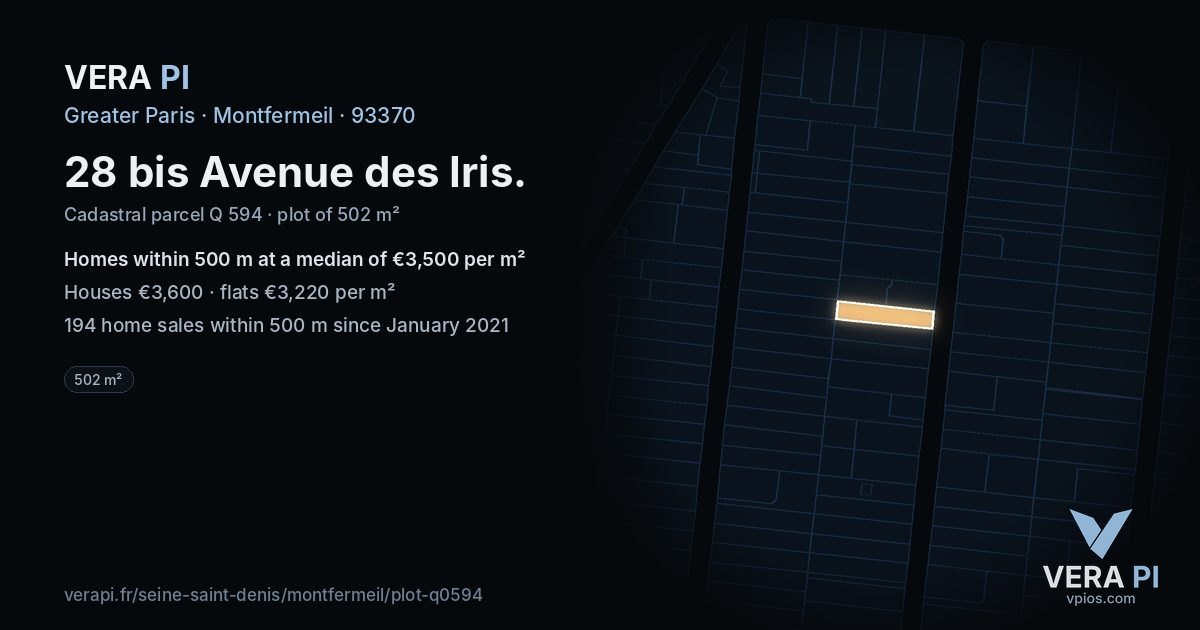 28 bis Avenue des Iris, Montfermeil at night – the plot lit, the parcels around coloured by the prices near them