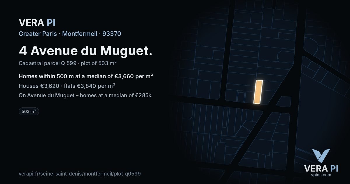 4 Avenue du Muguet, Montfermeil at night – the plot lit, the parcels around coloured by the prices near them